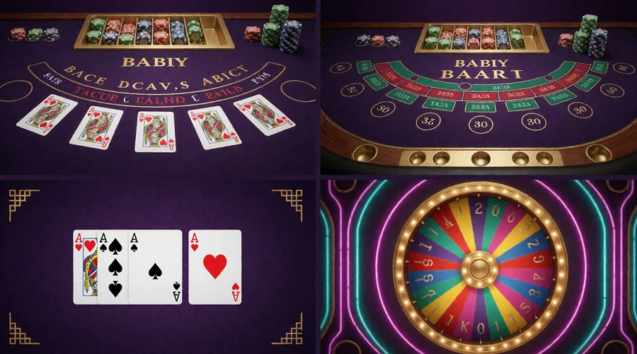 Blackjack-Karten mit Chiptray, Baccarat-Spielfelder, Pokerhand-Rangfolge und Game-Show-Rad als &Uuml;bersicht der Live-Tischkategorien