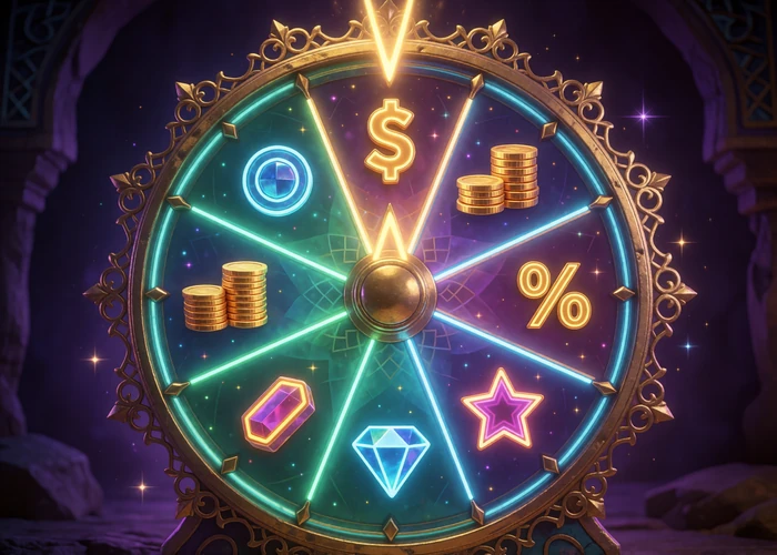 Gl&uuml;cksrad Lucky Drive Wheel mit Feldern f&uuml;r Freispiele, Bonuswerte und weitere Belohnungen bei Alawin Casino