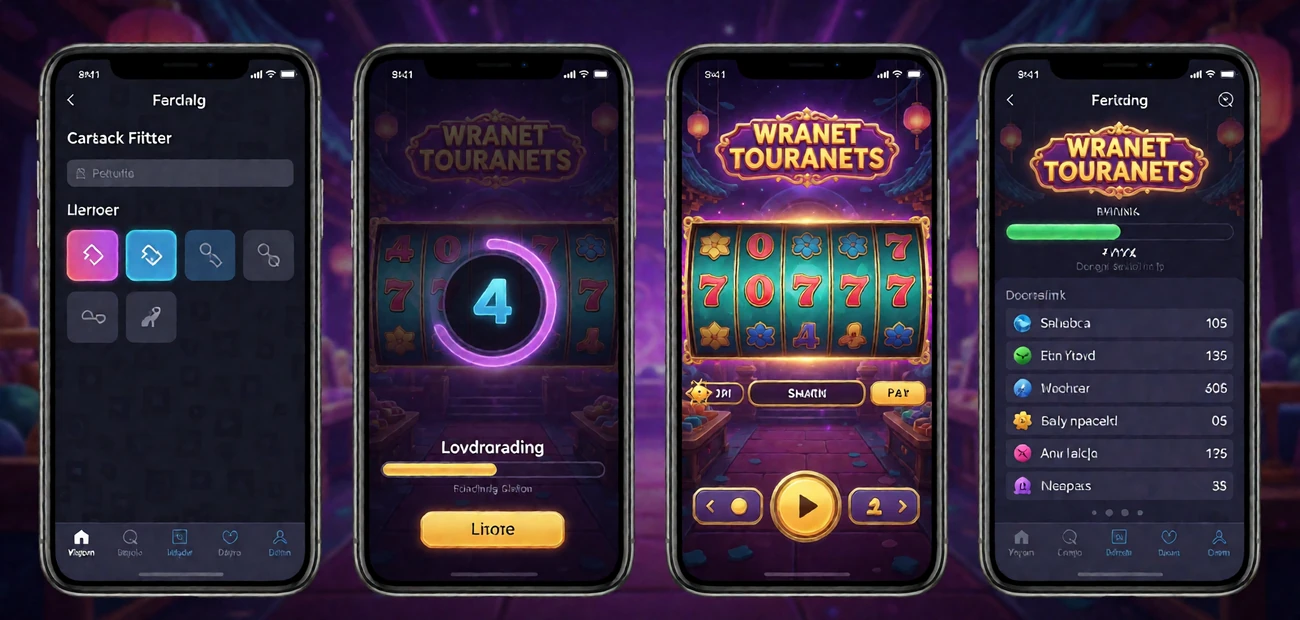 Mobiler Slot-Ablauf mit Katalogfilter, Ladezustand, Spielansicht und Turnierfortschritt im Browser