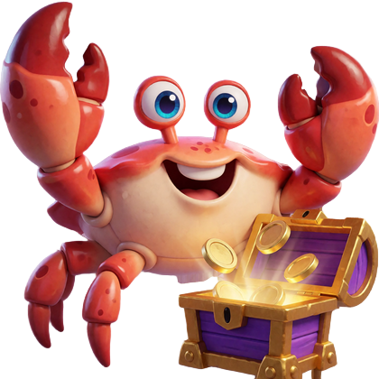 Bonus Crab als Alawin-Maskottchen neben einer leuchtenden Bonustruhe