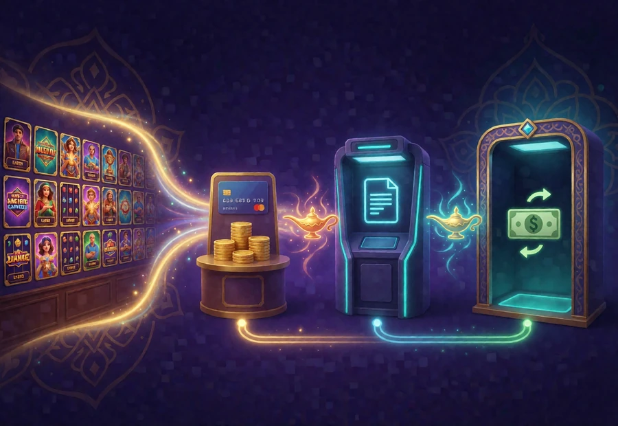 Entscheidungsstrecke von Spieleauswahl &uuml;ber Einzahlung und KYC bis zur Auszahlung bei einem Echtgeld-Casino