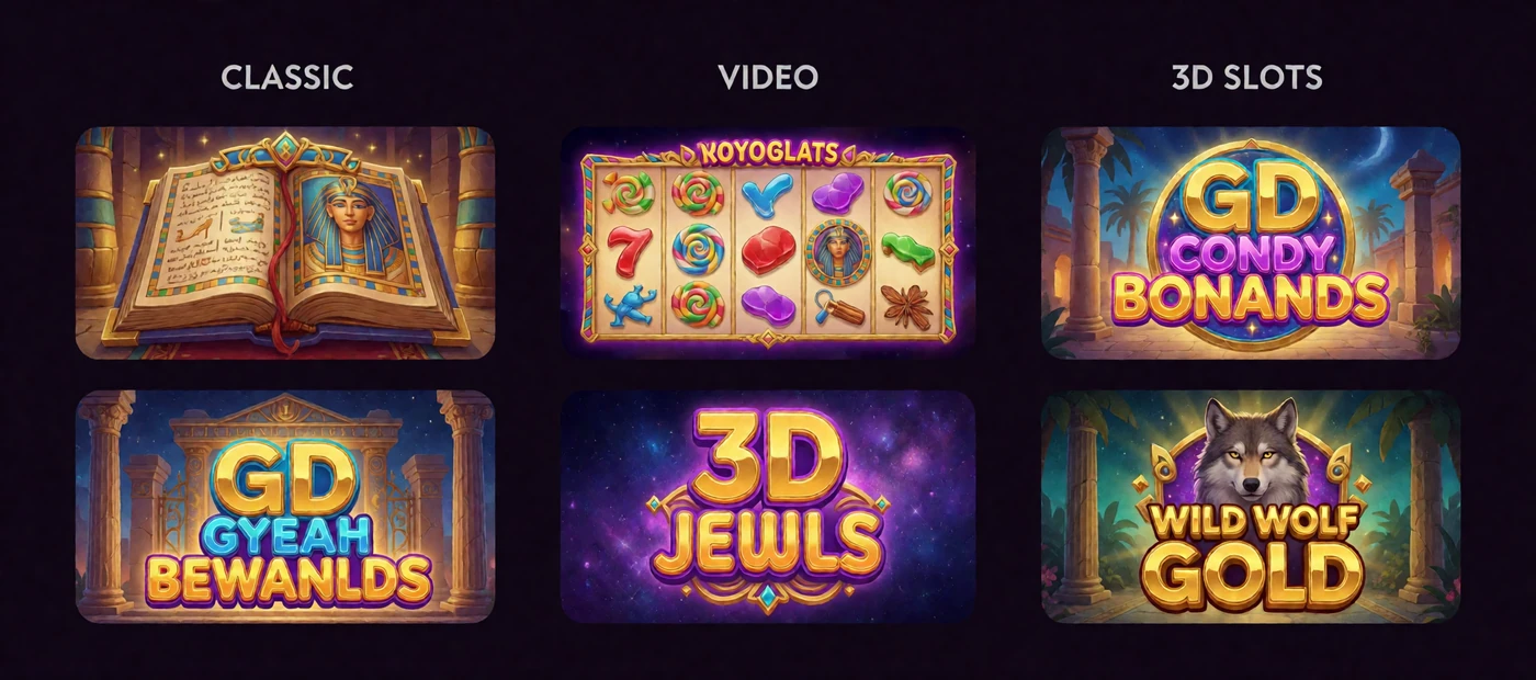 Kategorisierter Alawin Slot-Katalog mit klassischen Automaten, Video-Slots und beliebten Titeln wie Book of Dead und Sweet Bonanza