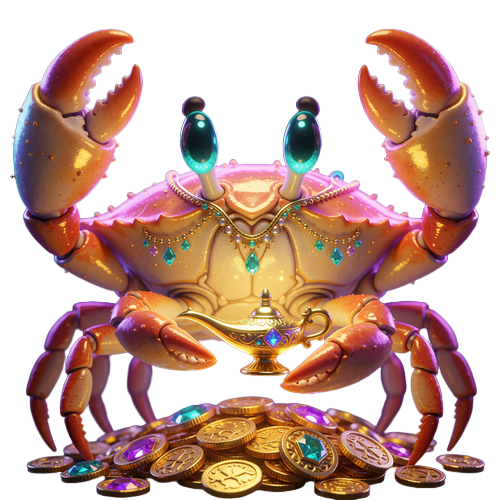 Goldenes Bonus-Crab-Maskottchen mit Turquoise-Augen und orientalischen Verzierungen, das eine leuchtende Lampe h&auml;lt