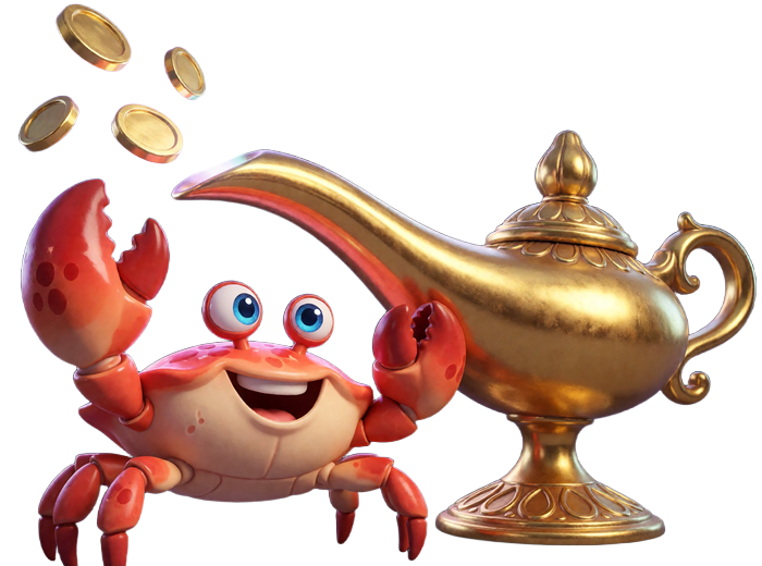 Bonus Crab neben einer leuchtenden goldenen Bonus-Lampe bei Alawin Casino